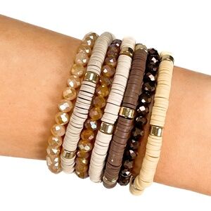 Neutral Beaded Stretch Bracelet Stack – Cream Brown Taupe- NWT